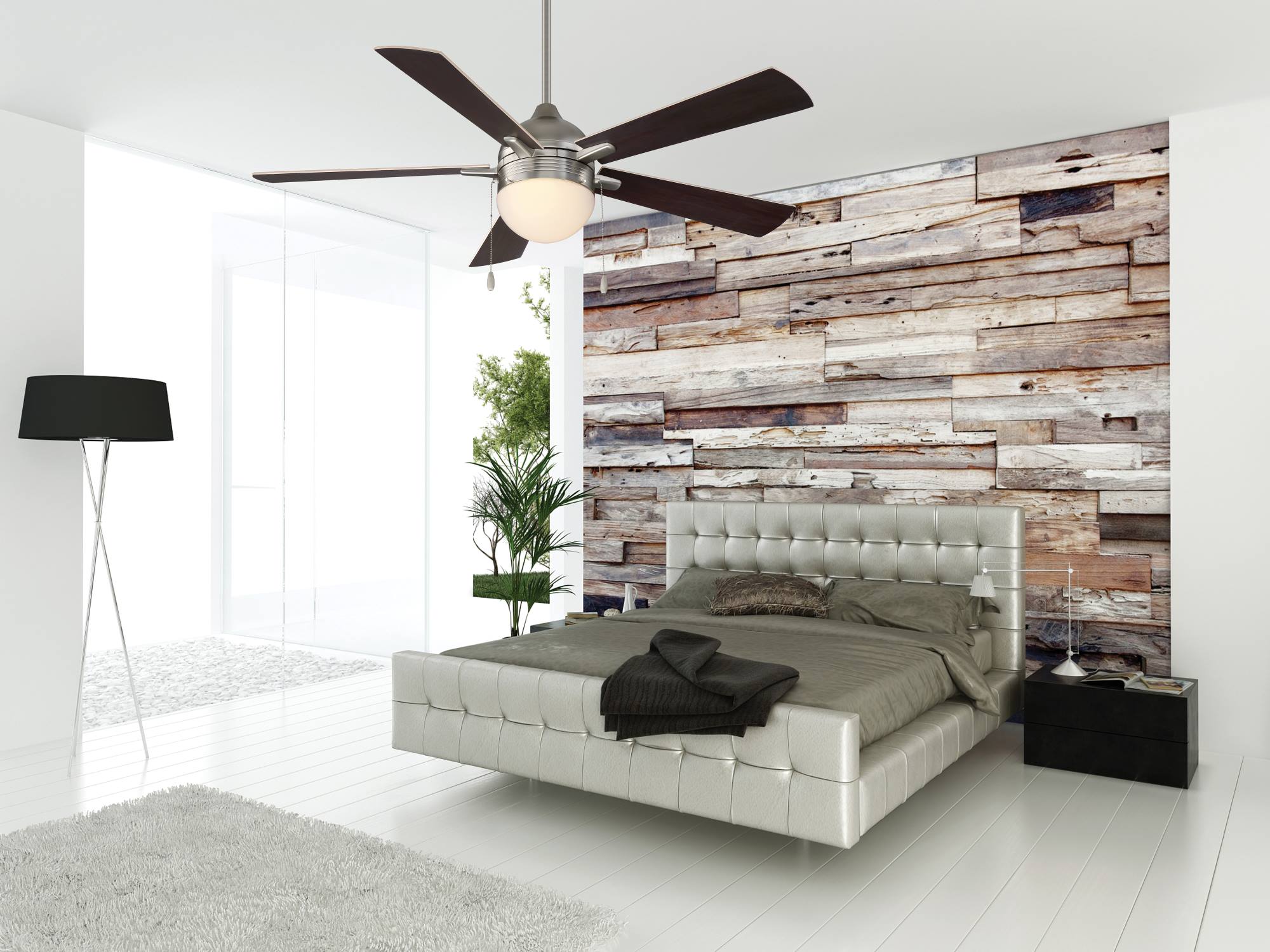 A sleek, contemporary bedroom complete with different textiles and a modern ceiling fan